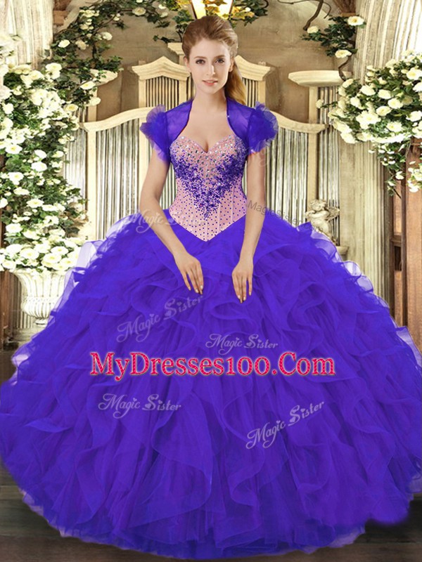 Purple Ball Gowns Organza Sweetheart Sleeveless Beading and Ruffles Floor Length Lace Up Quinceanera Dress