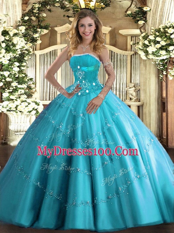 Strapless Sleeveless Lace Up Quinceanera Dresses Aqua Blue Tulle