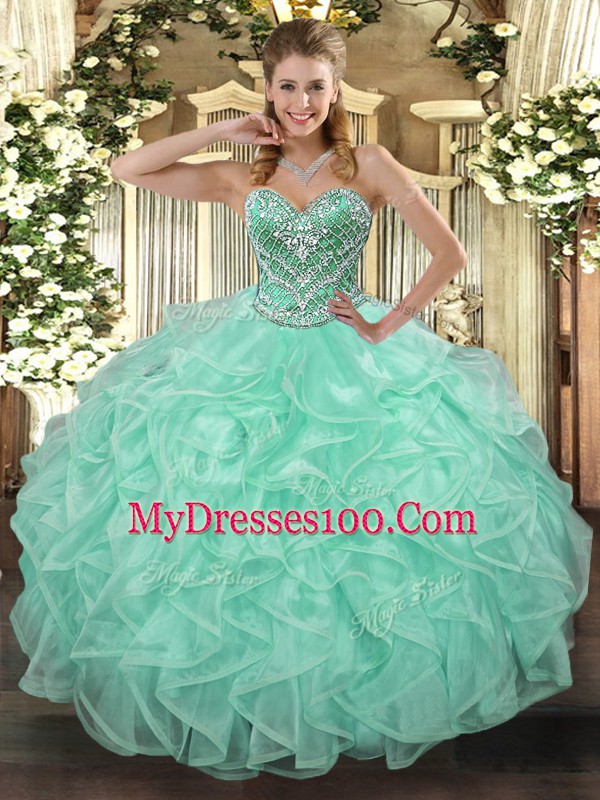 Glittering Apple Green Sweet 16 Dresses Military Ball and Sweet 16 and Quinceanera with Beading and Ruffles Sweetheart Sleeveless Lace Up