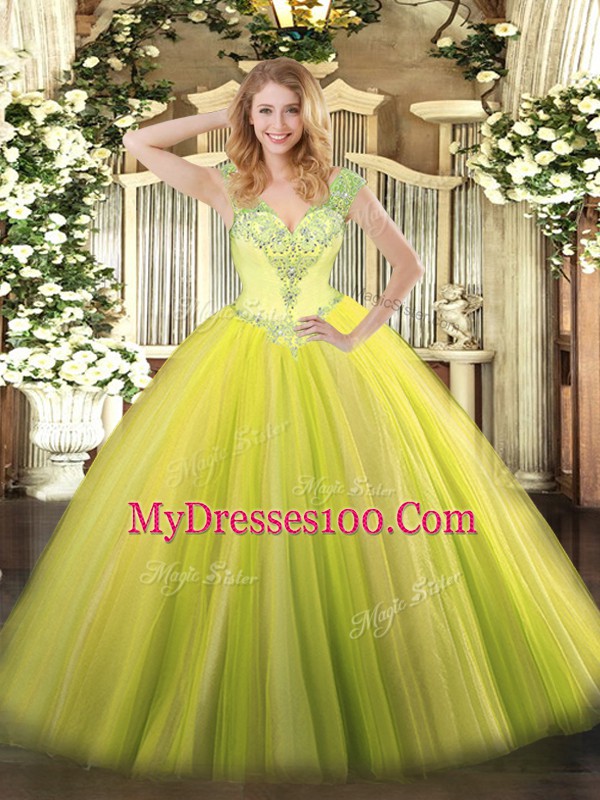 Edgy V-neck Sleeveless Tulle Sweet 16 Quinceanera Dress Beading and Ruffles Lace Up