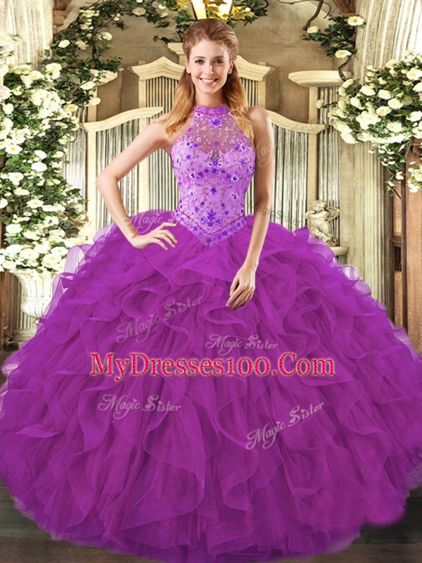 Flirting Floor Length Purple Sweet 16 Dress Organza Sleeveless Beading and Ruffles