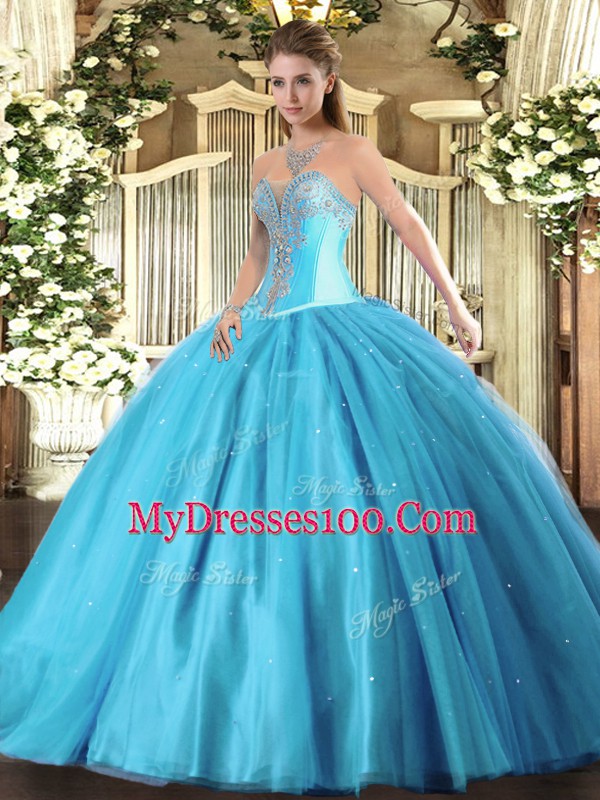 Aqua Blue Ball Gowns Tulle Sweetheart Sleeveless Beading Floor Length Lace Up Sweet 16 Quinceanera Dress