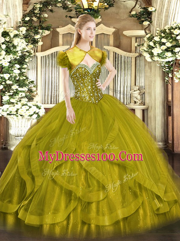 Olive Green Sweetheart Neckline Beading and Ruffles Sweet 16 Dress Sleeveless Lace Up