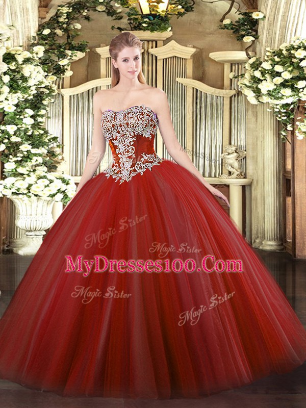 Wine Red Sleeveless Tulle Lace Up Quinceanera Gown for Military Ball and Sweet 16 and Quinceanera