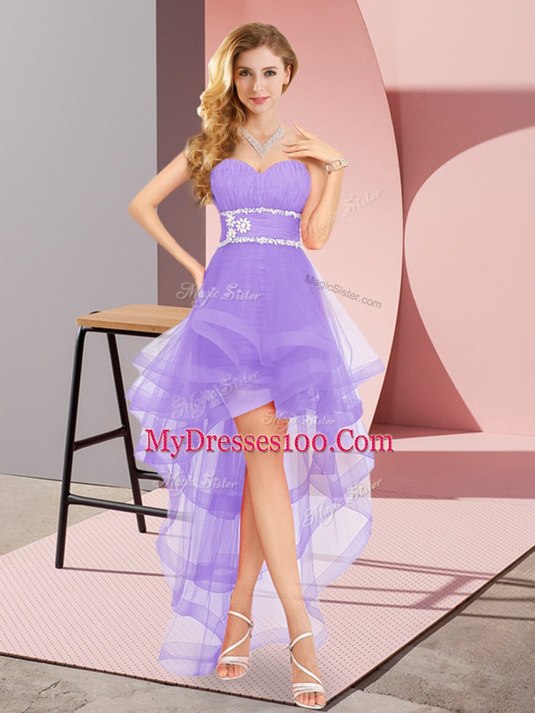 Hot Sale High Low Lace Up Prom Gown Lavender for Prom and Party with Beading