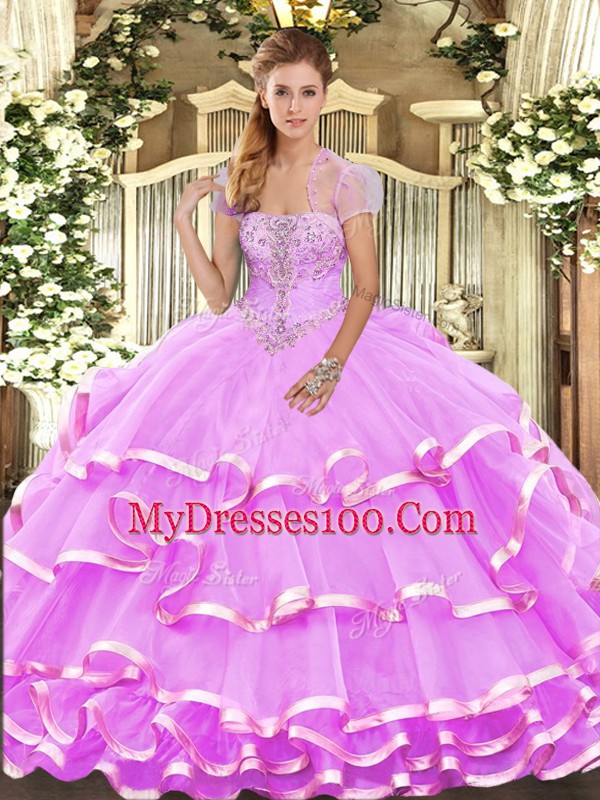 Sleeveless Floor Length Appliques and Ruffled Layers Lace Up Quinceanera Dresses with Lilac