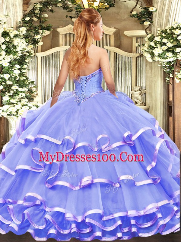 Sleeveless Floor Length Appliques and Ruffled Layers Lace Up Quinceanera Dresses with Lilac