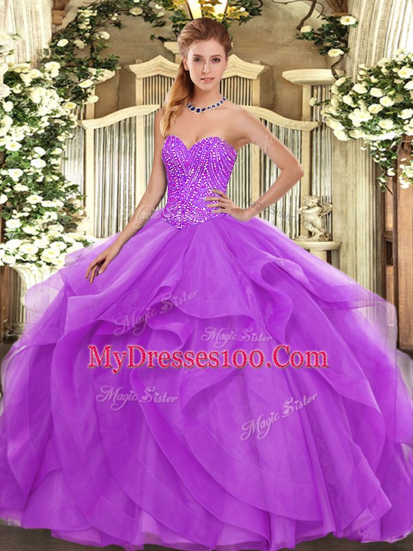 Sumptuous Lilac Sleeveless Tulle Lace Up 15th Birthday Dress for Military Ball and Sweet 16 and Quinceanera