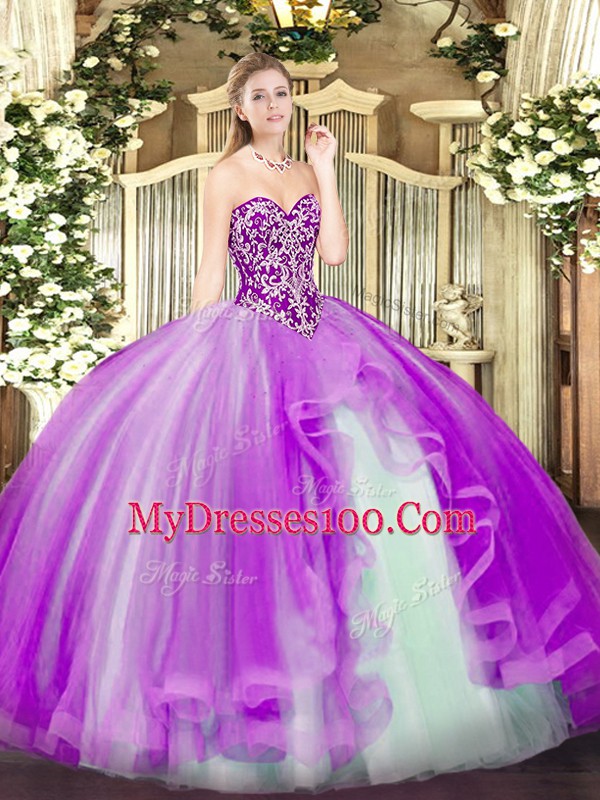 Sleeveless Beading and Ruffles Lace Up Quince Ball Gowns