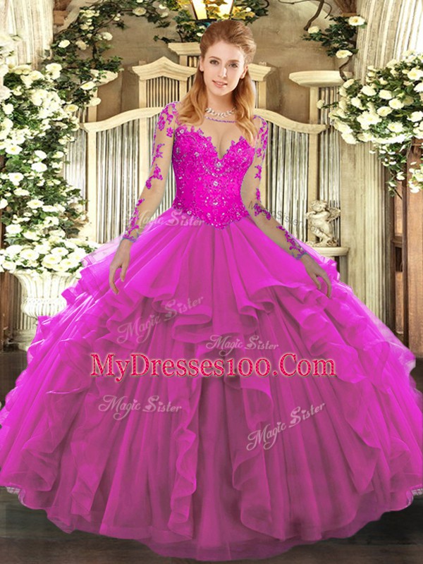 Floor Length Fuchsia Quince Ball Gowns Tulle Long Sleeves Lace and Ruffles