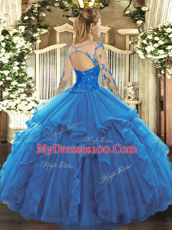 Floor Length Fuchsia Quince Ball Gowns Tulle Long Sleeves Lace and Ruffles