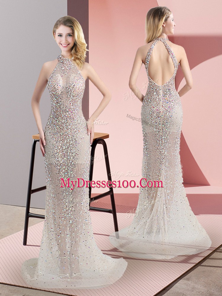 High Quality Sleeveless Tulle Sweep Train Backless Prom Evening Gown in Champagne with Beading