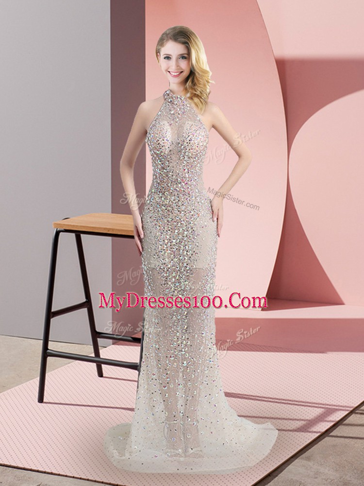 High Quality Sleeveless Tulle Sweep Train Backless Prom Evening Gown in Champagne with Beading