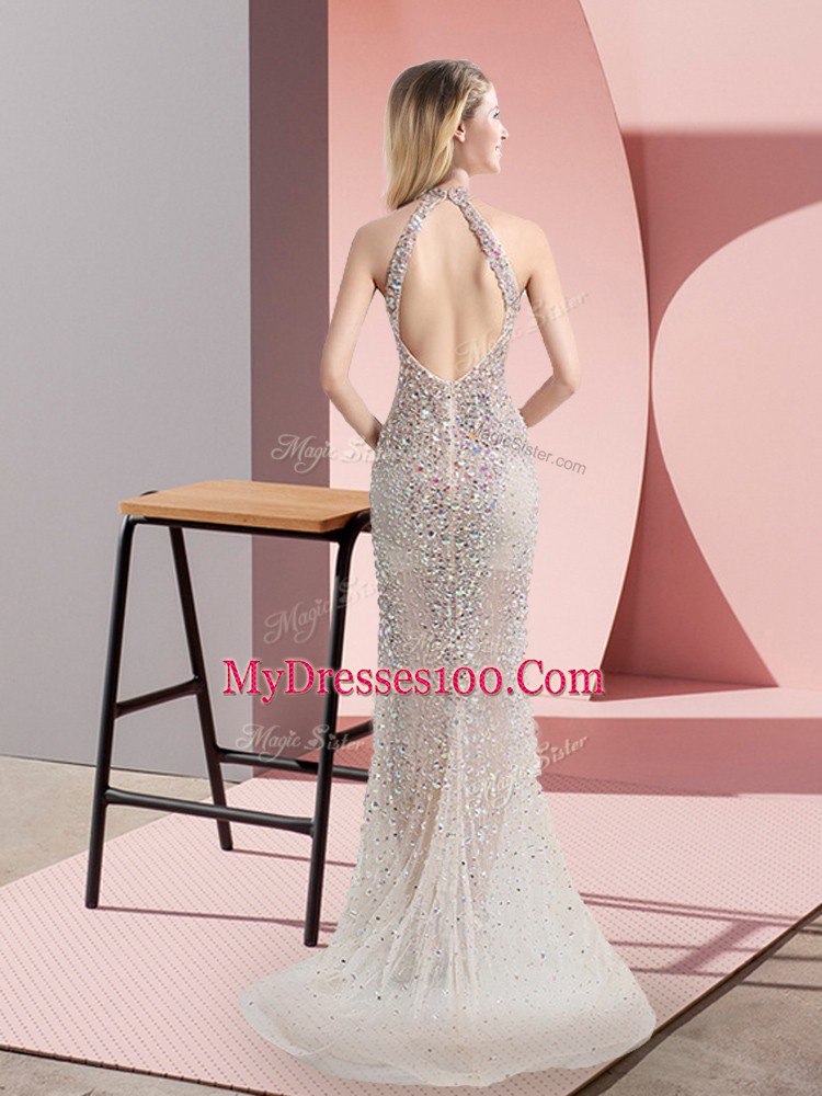 High Quality Sleeveless Tulle Sweep Train Backless Prom Evening Gown in Champagne with Beading