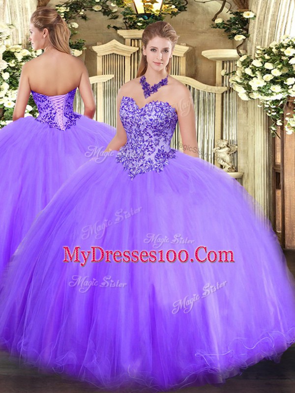Sleeveless Tulle Floor Length Lace Up 15th Birthday Dress in Lavender with Appliques