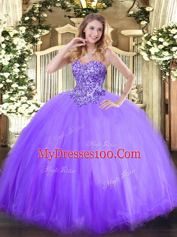 Sleeveless Tulle Floor Length Lace Up 15th Birthday Dress in Lavender with Appliques