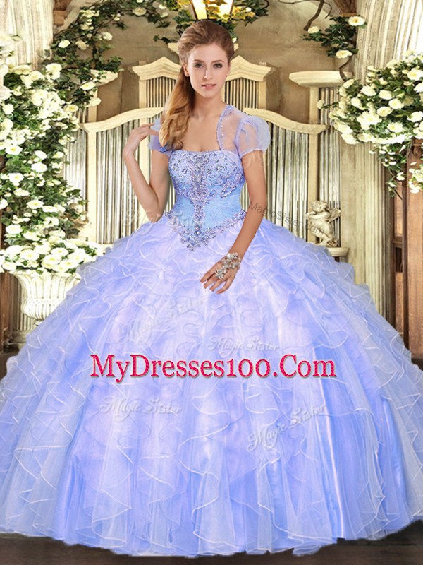 Light Blue Strapless Lace Up Appliques and Ruffles Quinceanera Dress Sleeveless
