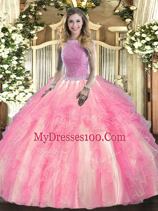 Rose Pink Quinceanera Gown Military Ball and Sweet 16 and Quinceanera with Beading and Ruffles High-neck Sleeveless Lace Up