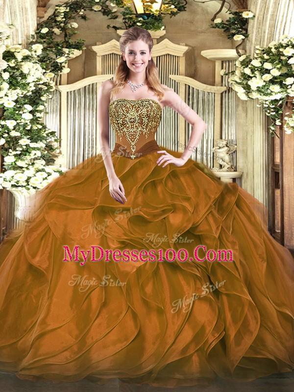 Floor Length Brown Quinceanera Gowns Organza Sleeveless Beading and Ruffles