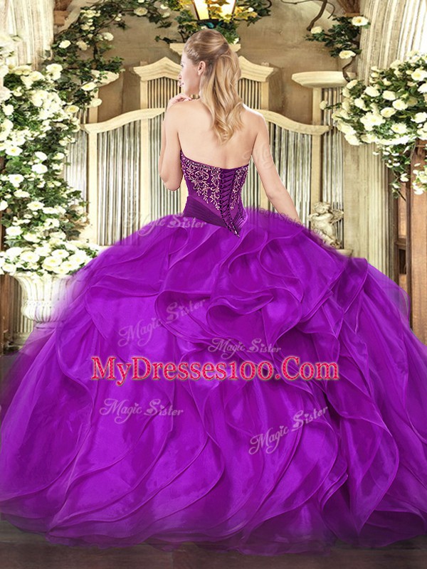 Floor Length Brown Quinceanera Gowns Organza Sleeveless Beading and Ruffles