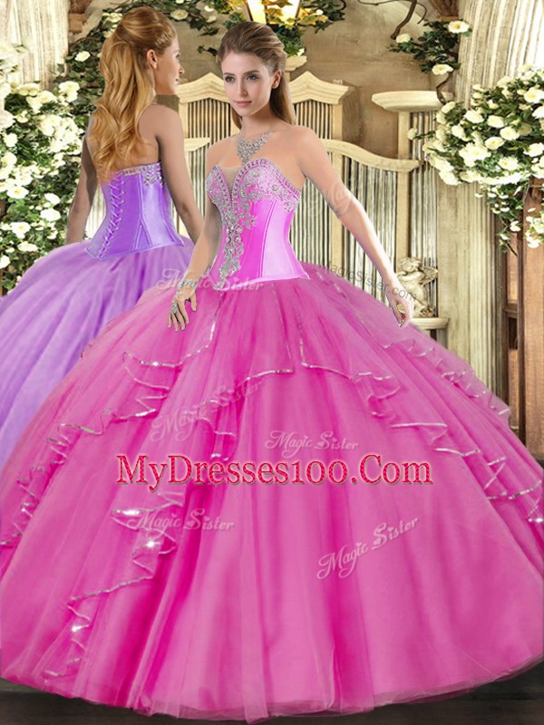 Fuchsia Sweet 16 Dresses Military Ball and Sweet 16 and Quinceanera with Beading and Ruffles Sweetheart Sleeveless Lace Up