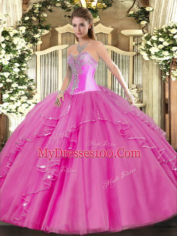 Fuchsia Sweet 16 Dresses Military Ball and Sweet 16 and Quinceanera with Beading and Ruffles Sweetheart Sleeveless Lace Up