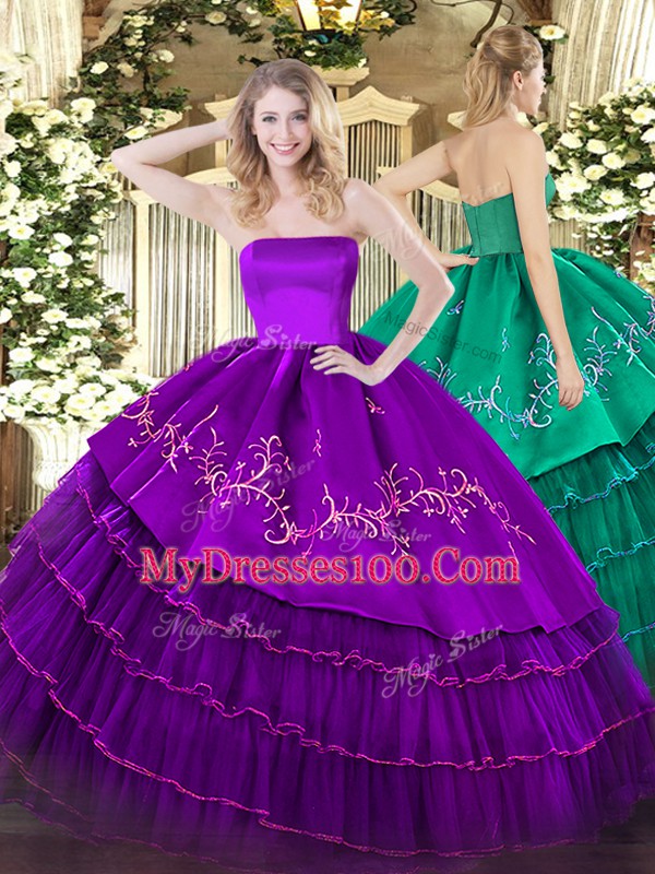 Purple Organza and Taffeta Zipper 15th Birthday Dress Sleeveless Floor Length Embroidery and Ruffled Layers