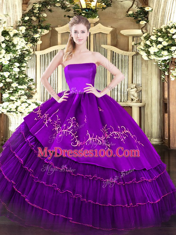 Purple Organza and Taffeta Zipper 15th Birthday Dress Sleeveless Floor Length Embroidery and Ruffled Layers