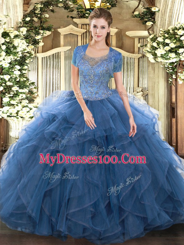 Beauteous Floor Length Clasp Handle Quinceanera Dresses Teal for Military Ball and Sweet 16 and Quinceanera with Beading and Ruffled Layers