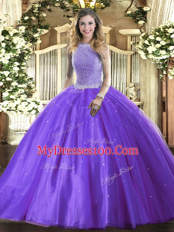 On Sale Floor Length Lace Up 15th Birthday Dress Lavender for Military Ball and Sweet 16 and Quinceanera with Beading