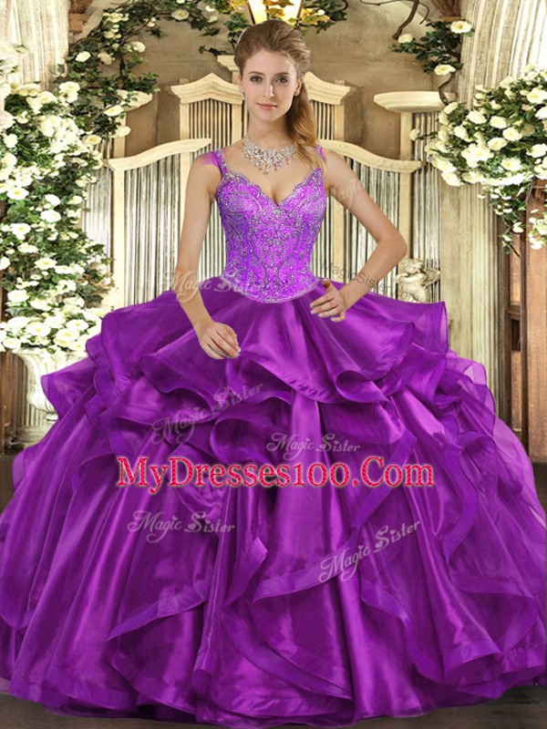 Sumptuous Beading and Ruffles 15th Birthday Dress Purple Lace Up Sleeveless Floor Length