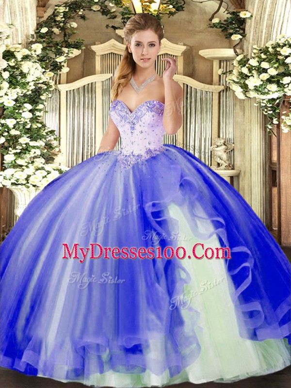 Blue Sweetheart Neckline Beading and Ruffles 15 Quinceanera Dress Sleeveless Lace Up