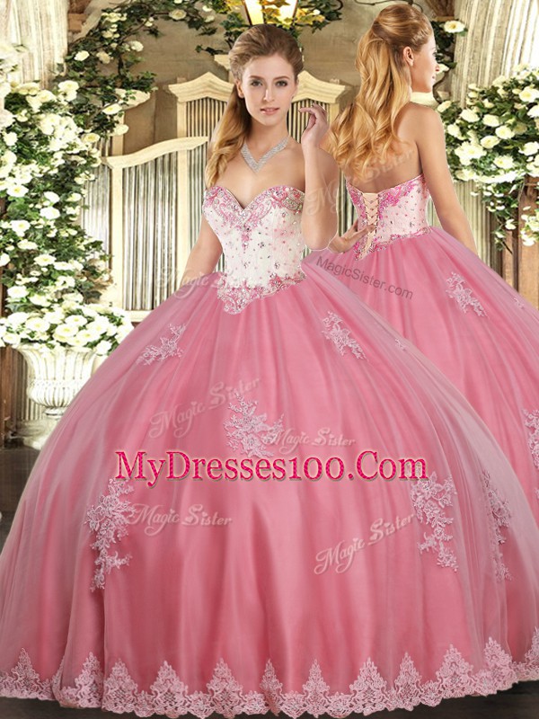 Floor Length Lace Up 15th Birthday Dress Watermelon Red for Military Ball and Sweet 16 and Quinceanera with Beading and Appliques