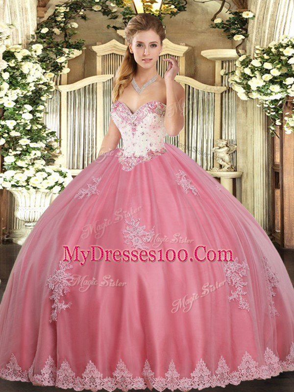 Floor Length Lace Up 15th Birthday Dress Watermelon Red for Military Ball and Sweet 16 and Quinceanera with Beading and Appliques