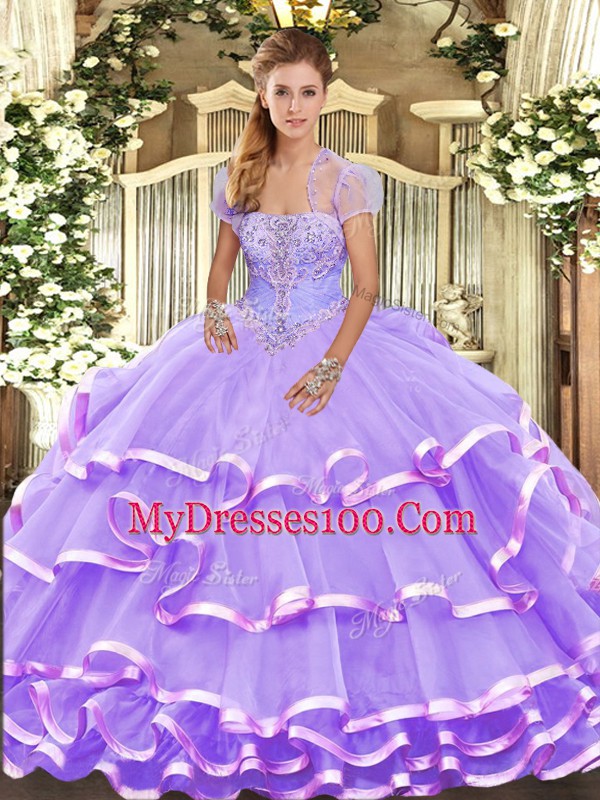Stylish Sleeveless Organza Floor Length Lace Up 15 Quinceanera Dress in Lavender with Beading and Ruffled Layers