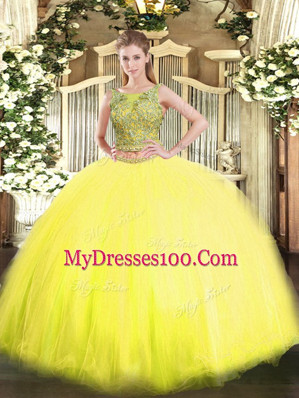 Custom Made Two Pieces Sweet 16 Quinceanera Dress Yellow Scoop Tulle Sleeveless Floor Length Lace Up