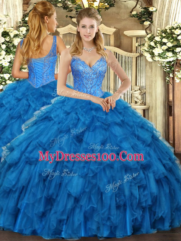 V-neck Sleeveless Lace Up Quinceanera Gown Blue Organza