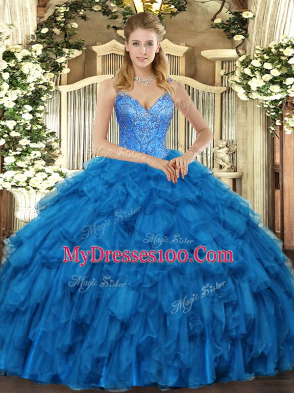 V-neck Sleeveless Lace Up Quinceanera Gown Blue Organza