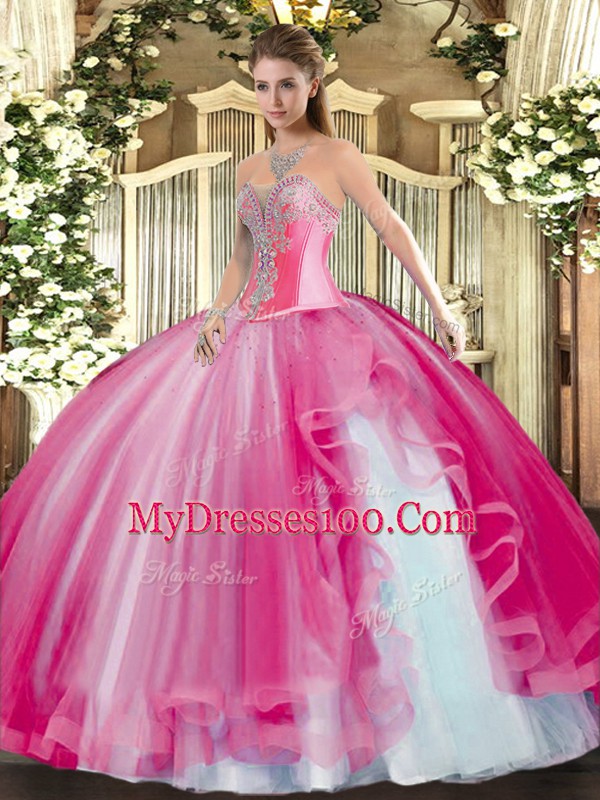 Pretty Hot Pink 15 Quinceanera Dress Military Ball and Sweet 16 and Quinceanera with Beading and Ruffles Sweetheart Sleeveless Lace Up