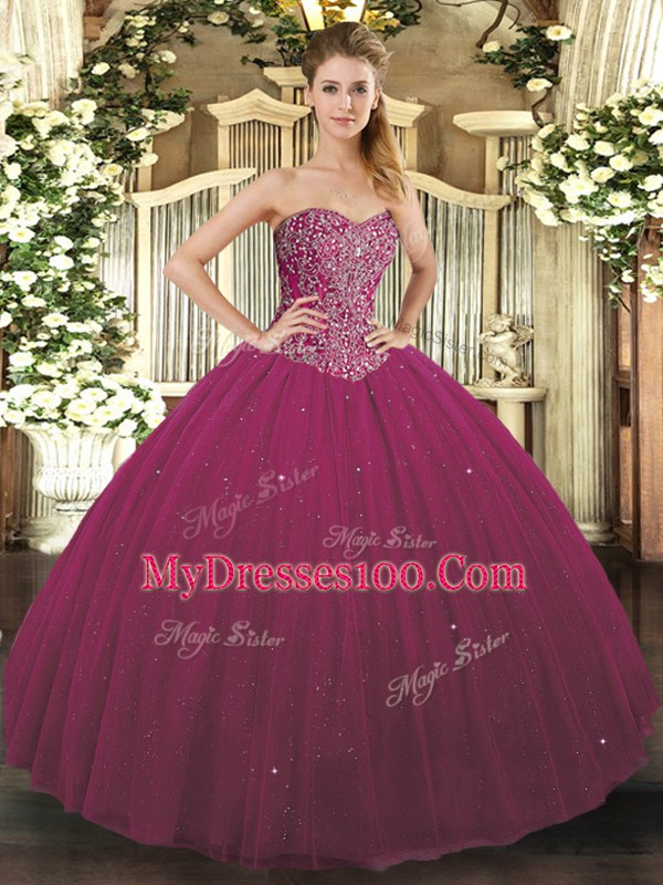 On Sale Tulle Sweetheart Sleeveless Lace Up Beading Ball Gown Prom Dress in Fuchsia