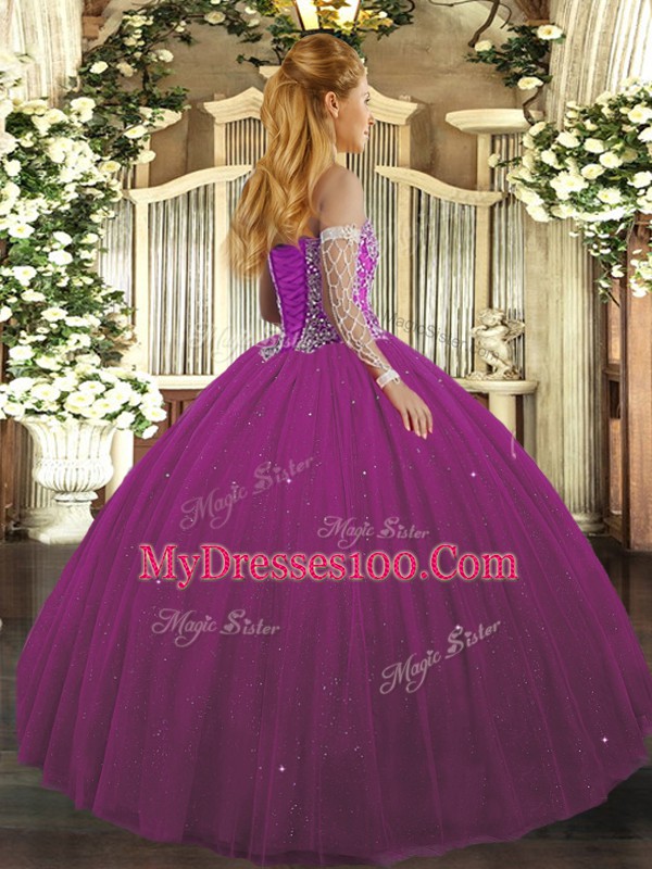 On Sale Tulle Sweetheart Sleeveless Lace Up Beading Ball Gown Prom Dress in Fuchsia