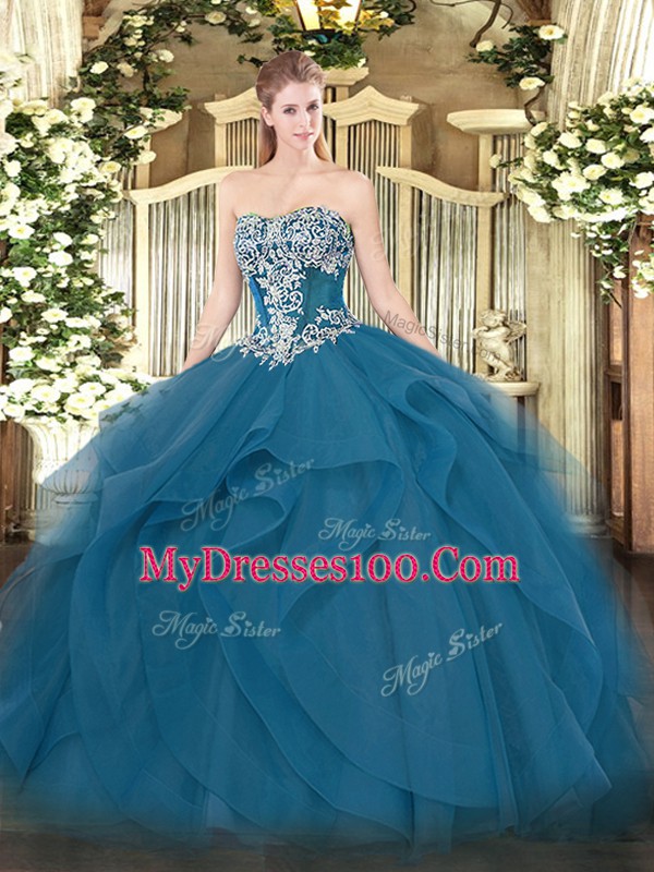 Sleeveless Floor Length Beading and Ruffles Lace Up Quinceanera Dresses with Teal