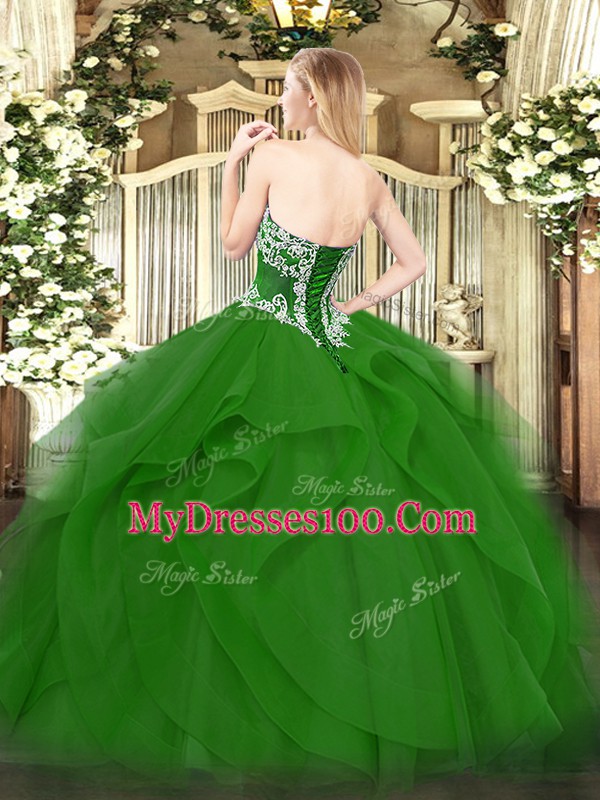 Sleeveless Floor Length Beading and Ruffles Lace Up Quinceanera Dresses with Teal