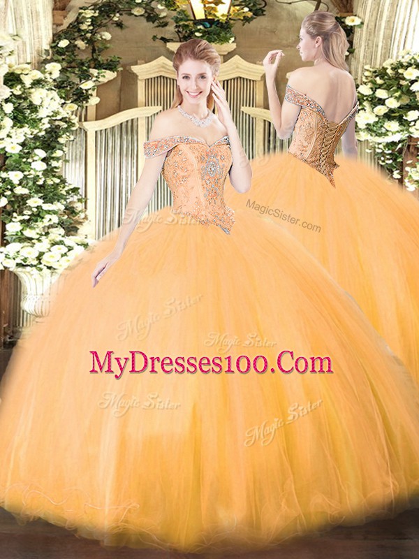 Elegant Orange Sleeveless Beading Floor Length Ball Gown Prom Dress