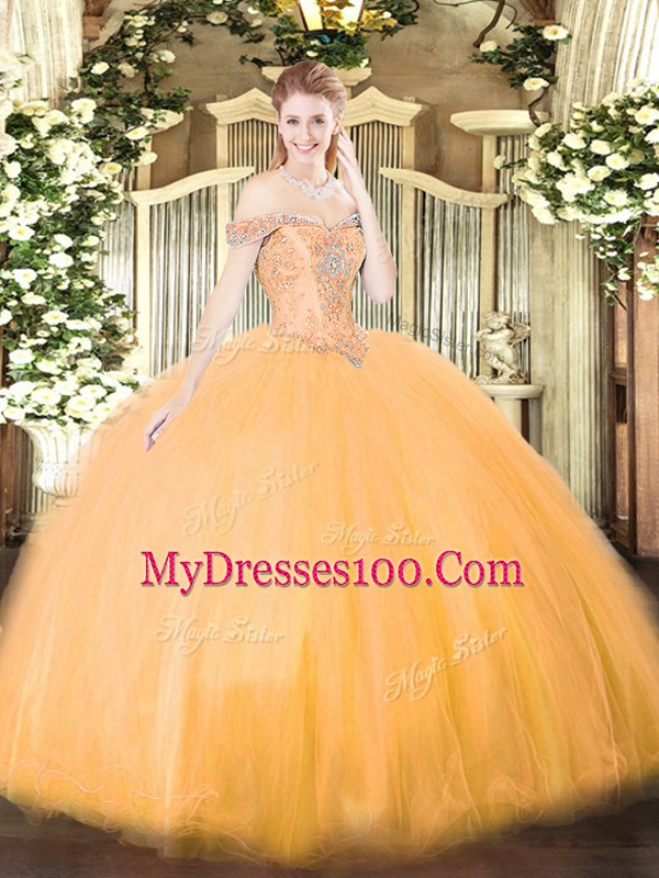 Elegant Orange Sleeveless Beading Floor Length Ball Gown Prom Dress