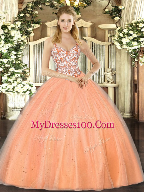 Pretty Sleeveless Floor Length Beading and Appliques Lace Up Quinceanera Dresses with Orange