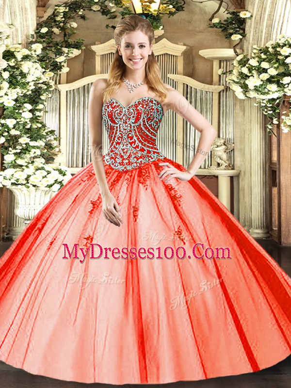 Dynamic Orange Red Lace Up Sweetheart Beading and Appliques 15th Birthday Dress Tulle Sleeveless