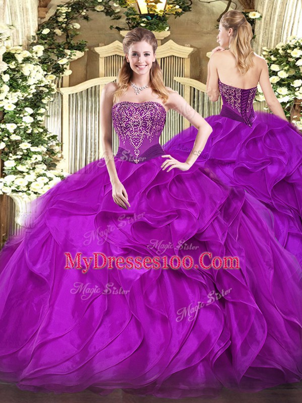 Dramatic Beading and Ruffles Sweet 16 Dress Purple Lace Up Sleeveless Floor Length