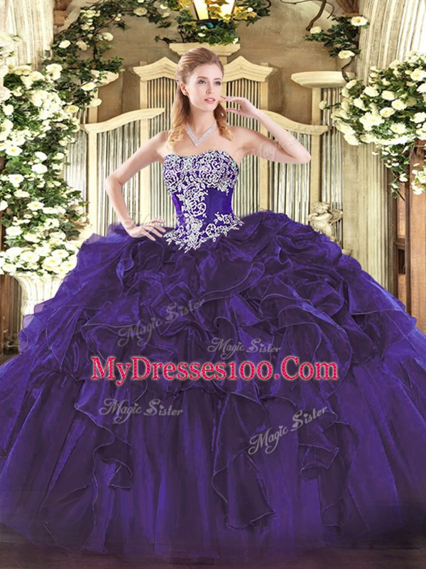 Artistic Purple Lace Up Strapless Beading and Ruffles Sweet 16 Quinceanera Dress Organza Sleeveless