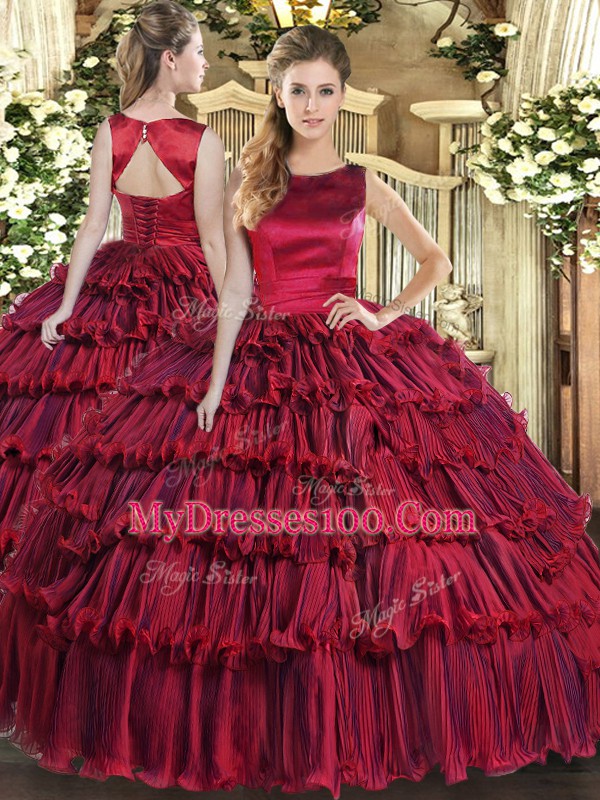 Scoop Sleeveless Lace Up Ball Gown Prom Dress Wine Red Organza